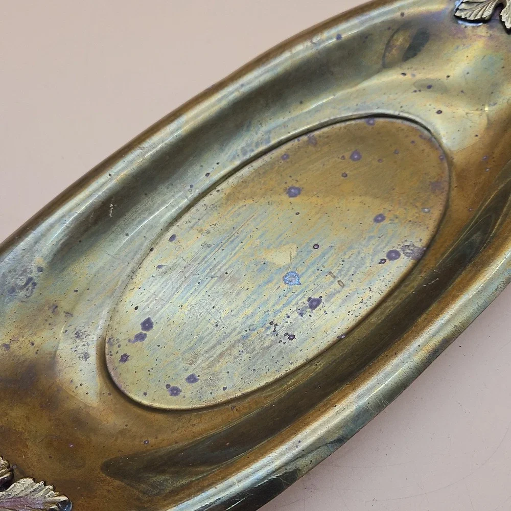 Vintage Brass Oval Dish Tray Grapes Leaves Made In India 12